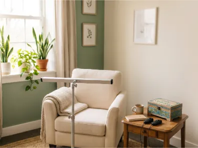 A calm therapy chair beside an EMDR light bar and handheld tappers