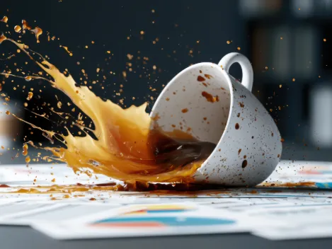 A coffee cup knocked over beside scattered paperwork