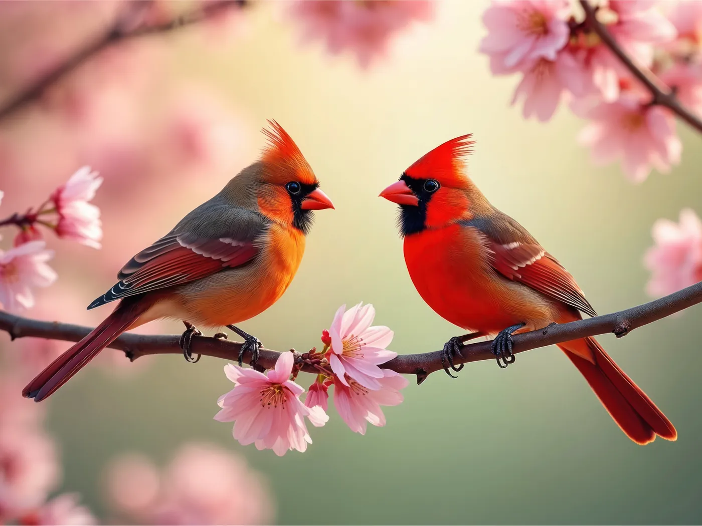 A pair of cardinals facing one another among pink blossoms