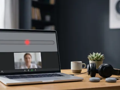 A virtual EMDR session shown beside headphones and handheld tappers