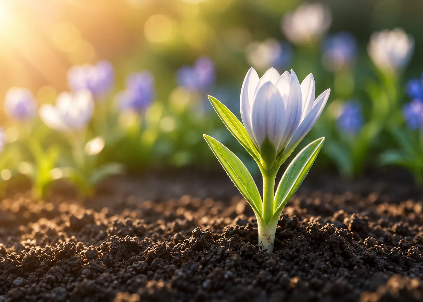 A pale crocus opening in dark soil, with sunlight behind it