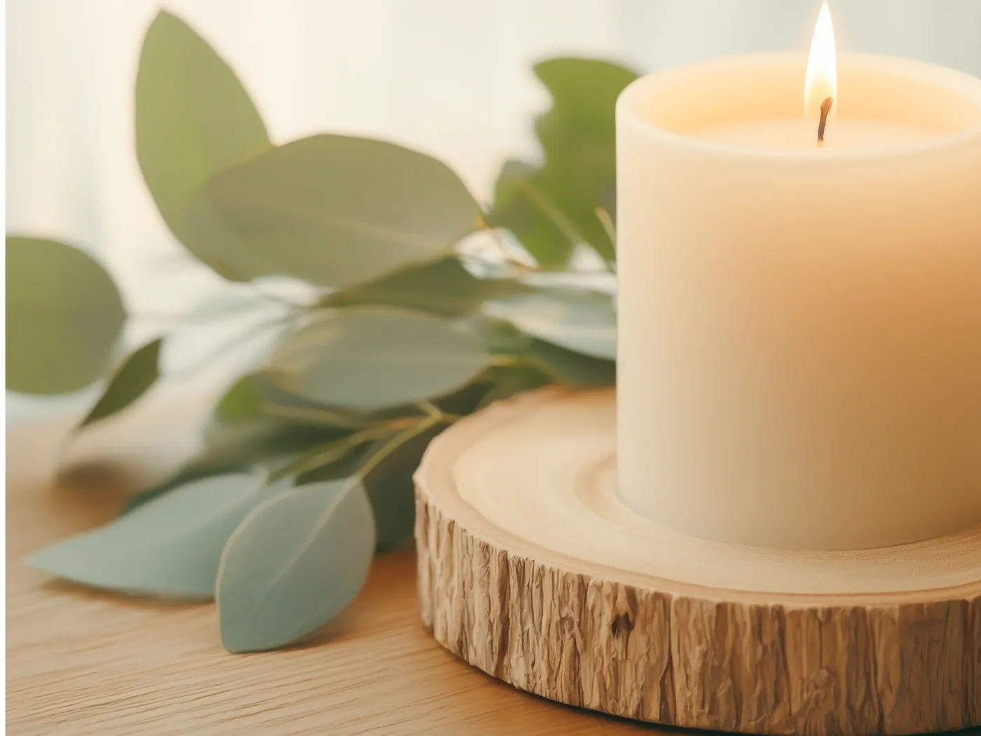 A softly lit candle surrounded by eucalyptus leaves