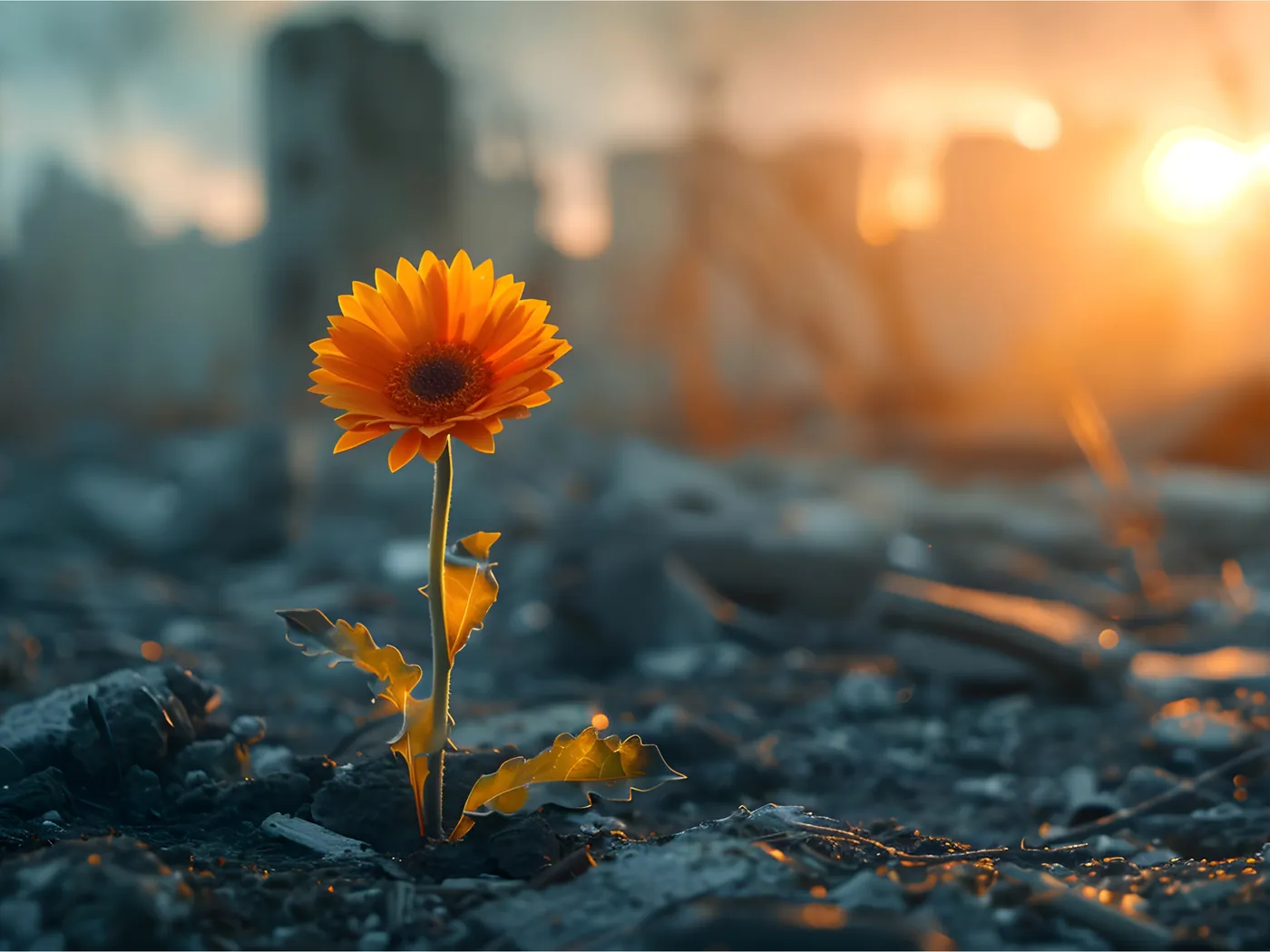 An orange flower growing through rubble in warm sunrise light