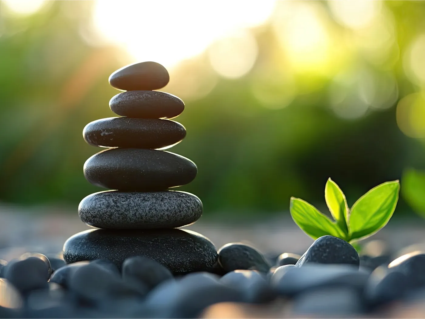 Balanced black stones beside a fresh green sprout in morning light
