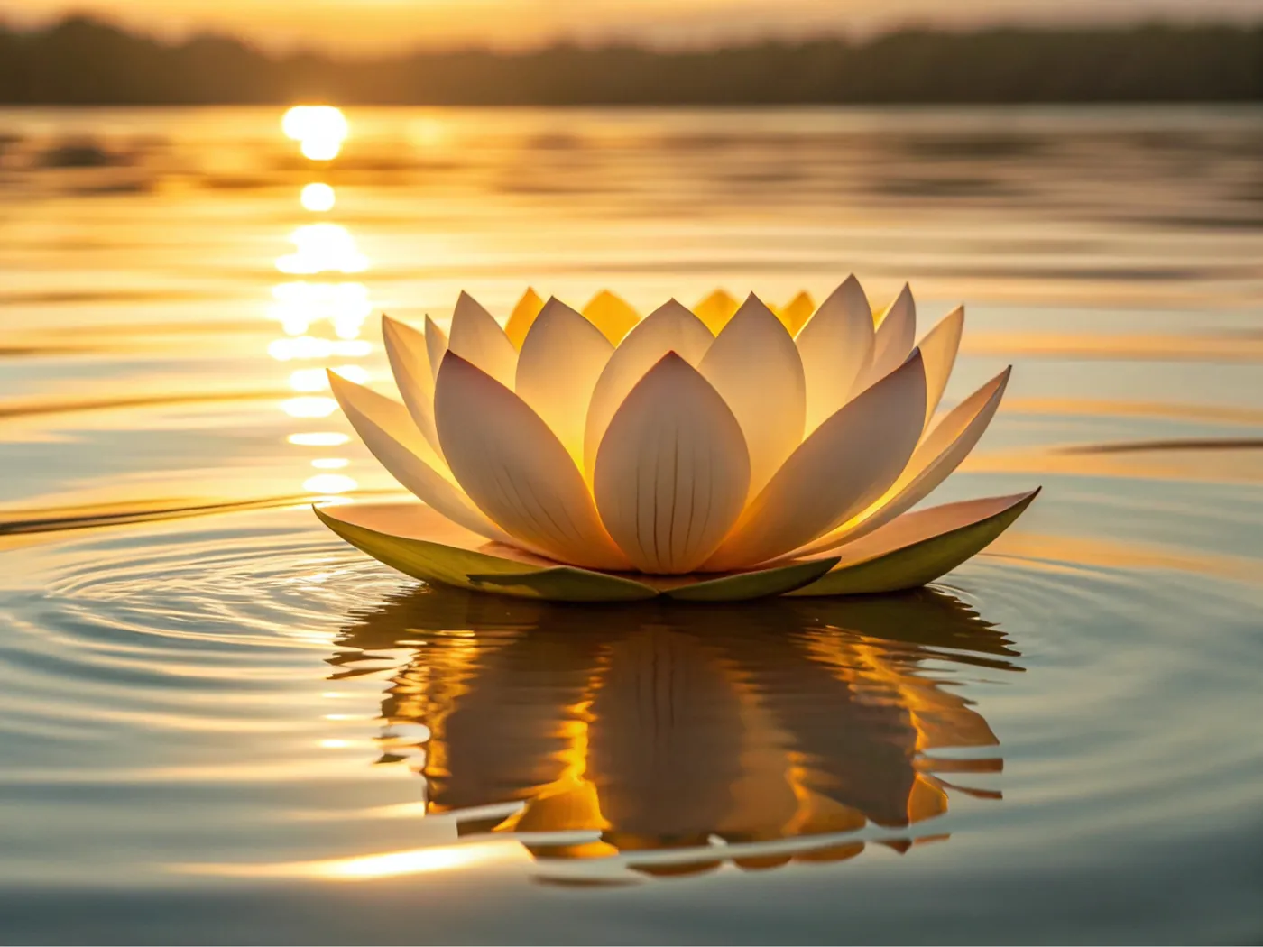 A glowing lotus floating on calm water at sunset