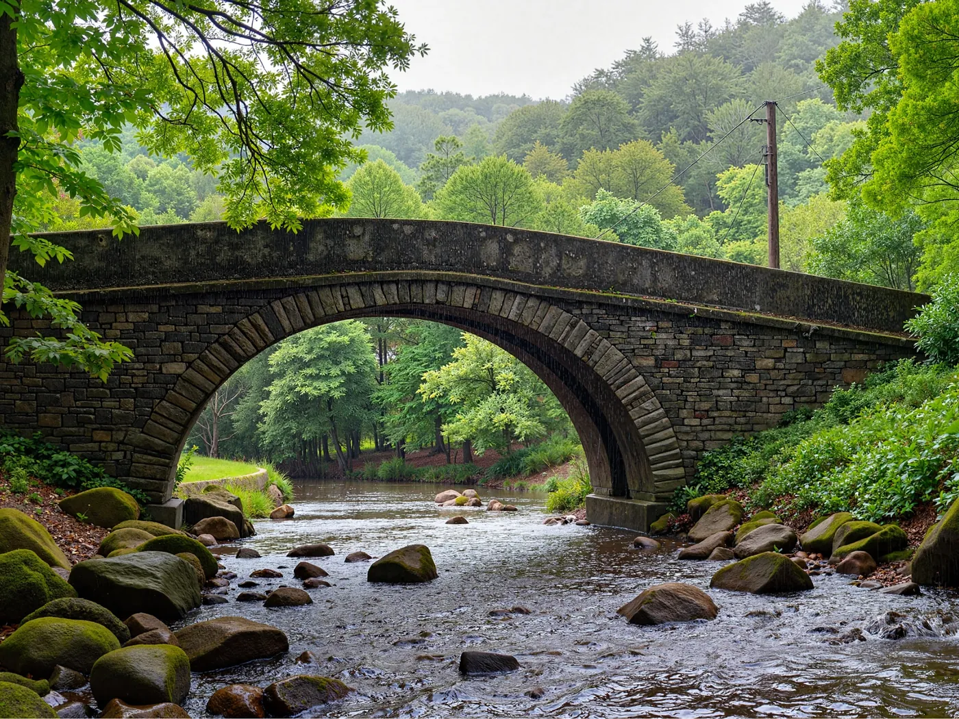 A stone bridge crossing a quiet woodland stream