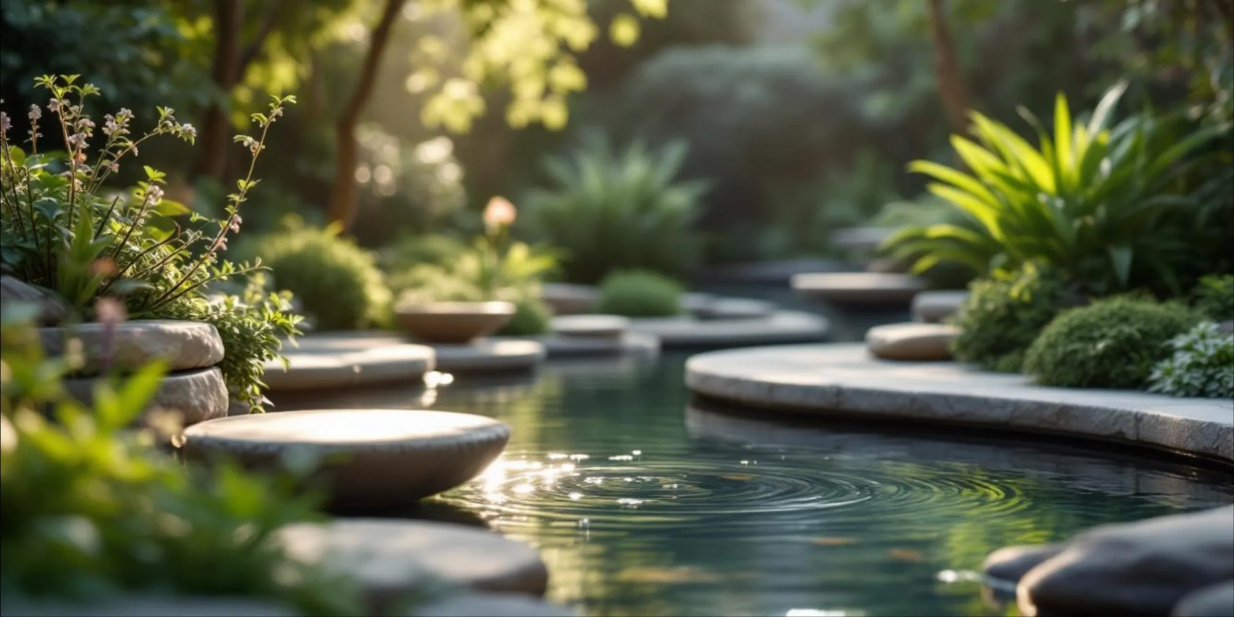 A quiet garden pond with flat stepping stones and soft morning light through the trees