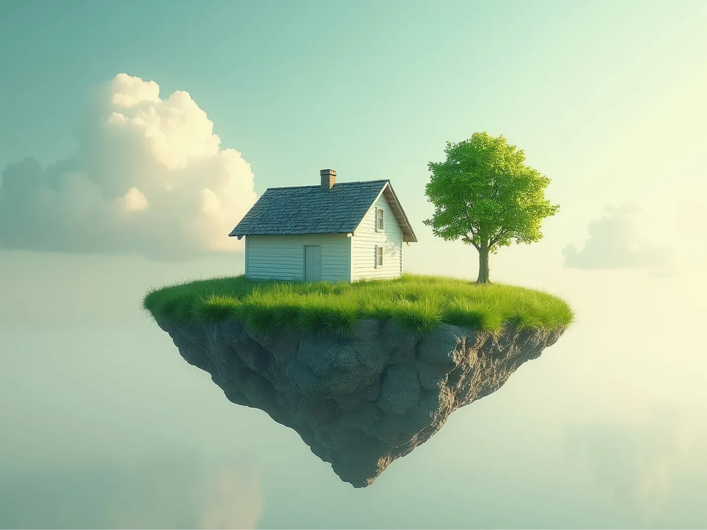 A small white house and green tree resting on a floating island