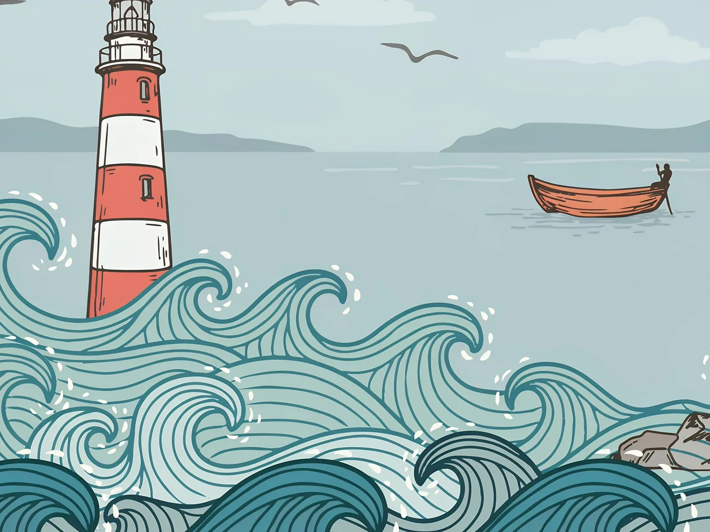 A lighthouse guiding a small boat through stylized blue waves